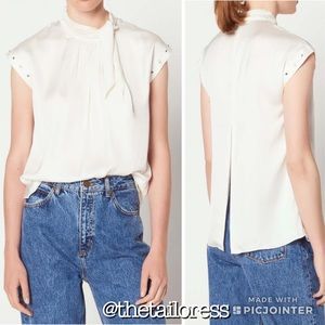 Sandro Courbe Satin Studded Back slit Top Blouse Ecru white